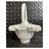 Fenton Hand Painted Milk Glass Hobnail 4-Piece Set - Lidded Jar, Floral Compote, Yellow Interior Baskets