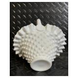 Fenton Hand Painted Milk Glass Hobnail 4-Piece Set - Lidded Jar, Floral Compote, Yellow Interior Baskets