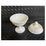 Fenton Hand Painted Milk Glass Hobnail 4-Piece Set - Lidded Jar, Floral Compote, Yellow Interior Baskets