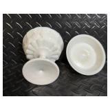 Fenton Hand Painted Milk Glass Hobnail 4-Piece Set - Lidded Jar, Floral Compote, Yellow Interior Baskets