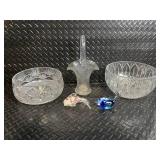 Crystal Glassware Set - 2 Compote Bowls, Centerpiece Pedestal, 2 Glass Fish Figurines