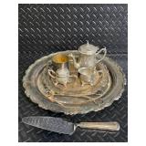 Godinger Silver Plate Tea Set with Ornate Tray - Teapot, Sugar Pot, Creamer, Tongs & Knife