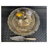 Godinger Silver Plate Tea Set with Ornate Tray - Teapot, Sugar Pot, Creamer, Tongs & Knife