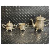 Godinger Silver Plate Tea Set with Ornate Tray - Teapot, Sugar Pot, Creamer, Tongs & Knife