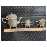 Godinger Silver Plate Tea Set with Ornate Tray - Teapot, Sugar Pot, Creamer, Tongs & Knife