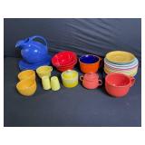 Le Creuset Stoneware Lot - Teapot, Jars, Cups, Bowls & Plates - Colorful Assortment