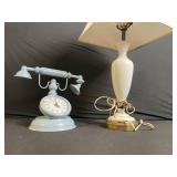 Vintage Lamps Lot of 2 - Clock Dial Desk Lamp with Dual Arms & Tall Cream Ceramic Table Lamp