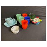 Kids Dish Set - Teal Shell Plate, 2 Ramekins, Colorful Cups, Bowls & Floral Spoons