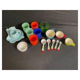 Kids Dish Set - Teal Shell Plate, 2 Ramekins, Colorful Cups, Bowls & Floral Spoons
