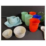 Kids Dish Set - Teal Shell Plate, 2 Ramekins, Colorful Cups, Bowls & Floral Spoons