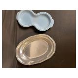 Vintage Serving Dishes Lot: Red Wing USA, Grapevine-Embossed Silver Platter & Ceramic Trays