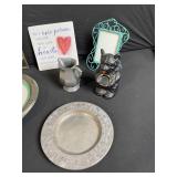 Vintage Decorative Lot: Metal Plates, White Vase, Bulldog Figurine, Clown & Frame