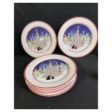 Christmas Plates Snowman City Skyline - Red Rim Holiday Dinnerware