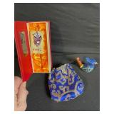 Peking Opera Mask Brooch on Pin - Silk Damask Pouch - Ceramic Bird Figurine - 4-Piece Set