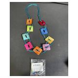 Colorful Square Bead Necklace on Teal Cord - Rainbow Handmade Jewelry