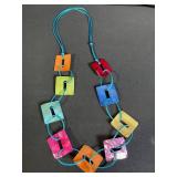 Colorful Square Bead Necklace on Teal Cord - Rainbow Handmade Jewelry