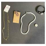 Fair Anita Jewelry Lot of 5: Earrings, White Bead Necklace, Gold Chain, Black Bracelet, Coin Pendant