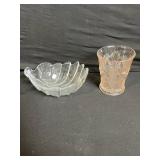 Clear Glassware Set - Large Pedestal Punch Bowl, Footed Ribbed Dessert Cups, Shell-Shaped Bowl, Pink Tinted Glass