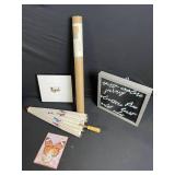 Butterfly Wall Art & Vintage Decor Lot - 7 Pieces: Frames, Poster Tube, Parasol, Letter Board