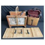 Vintage Wooden Coat Rack with 3 Iron Hooks - Includes Picnic Case & Wine Accessories