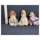 Three Vintage Cloth Dolls - Floral Dresses - 9 in Tall