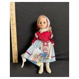 Doll - Vintage Fashion, Red Velvet Bodice, Lace Trim, Blue-Striped Skirt