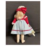 Doll - Vintage Fashion, Red Velvet Bodice, Lace Trim, Blue-Striped Skirt