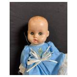 Two Vintage Baby Dolls in White Lace Gown and Blue Dress