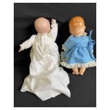 Two Vintage Baby Dolls in White Lace Gown and Blue Dress