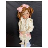 Porcelain Bisque Head Doll - Cream Lace Dress with Pink Ribbon Bows & Stand