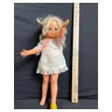 Blonde Fashion Doll in White Linen Dress with Lace Trim, Pink Ribbon & Yellow Shoes