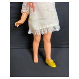 Blonde Fashion Doll in White Linen Dress with Lace Trim, Pink Ribbon & Yellow Shoes