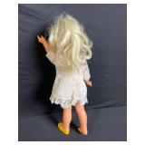 Blonde Fashion Doll in White Linen Dress with Lace Trim, Pink Ribbon & Yellow Shoes
