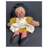 Vintage Cloth Rag Doll - Floral Dress, White Pinafore, Striped Socks