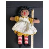 Vintage Cloth Rag Doll - Floral Dress, White Pinafore, Striped Socks