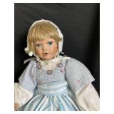 Vintage Baby Doll in Blue Stripe Dress with Bonnet, Lace Socks & White Shoes