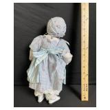 Vintage Baby Doll in Blue Stripe Dress with Bonnet, Lace Socks & White Shoes