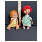 Two Vintage Vinyl Dolls - Red-Haired Floral Dress Doll & Orange-Haired Yellow Romper Doll