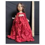 Doll - Vintage Fashion Doll in Red Floral Satin Gown with Cream Sash & Pearl Necklace