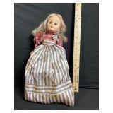 Vintage Fashion Doll in Pink Satin Blouse & Striped Blue-Gray Dress