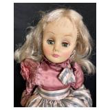 Vintage Fashion Doll in Pink Satin Blouse & Striped Blue-Gray Dress