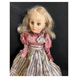 Vintage Fashion Doll in Pink Satin Blouse & Striped Blue-Gray Dress