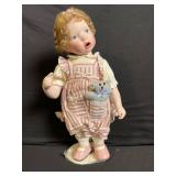 Pair of Vintage Bisque Dolls in Period Dresses - Green Stripe Dress & Pink Stripe Outfit