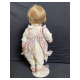 Pair of Vintage Bisque Dolls in Period Dresses - Green Stripe Dress & Pink Stripe Outfit