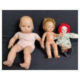 Lot of 3 Vintage Dolls: Bald Baby, Nude Toddler & Clown Rag Doll with Clothes
