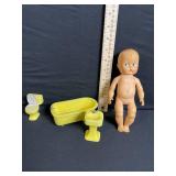Dollhouse Miniature Yellow Bathroom Set - Bathtub, Sink & Toilet with Baby Doll