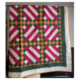 Patchwork Quilt - 64 x 132 in - Magenta, Orange & Green Diamond Pattern