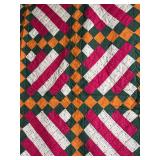 Patchwork Quilt - 64 x 132 in - Magenta, Orange & Green Diamond Pattern