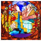 Copper Pipe Framed Handcrafted Stained Glass Window Panel Waterfall Landscape ~ 35 x 37