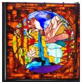 Copper Pipe Framed Handcrafted Stained Glass Window Panel Waterfall Landscape ~ 35 x 37